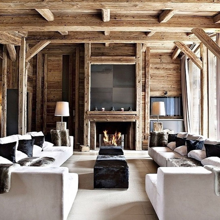 Luxurious modern rustic French chalet with gorgeous wood ceiling and wall - @whiteblancmange. #modernrustic #chalet #modernfrench #livingrooms #woodceiling