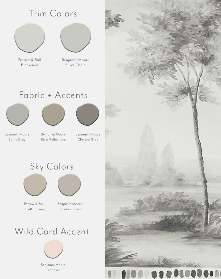 Pastoral Susan Harter mural wallpaper sample with paint color suggestions for decor.