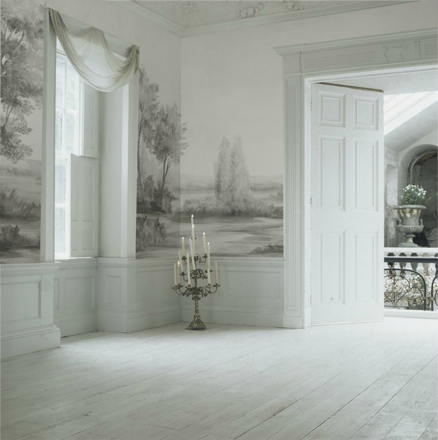 Magnificent landscape mural wallpaper made from original painting by Susan Harter. Muted and sophisticated colors in this beautifully inspiring interior design. #mural #interiordesign #timeless #ethereal #serenedecor #paintedmural #wallpaper