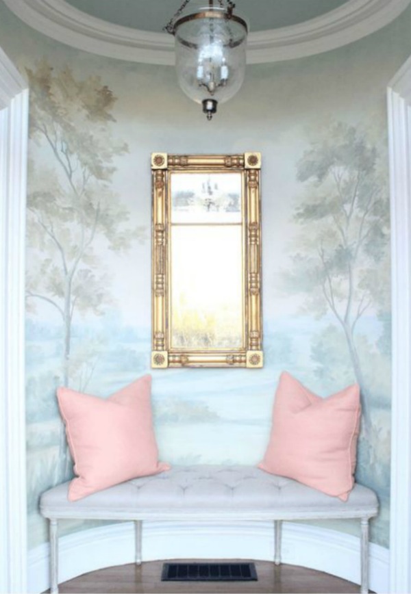 Timeless and tranquil landscape wallpaper mural with blues and greens in entry with bench. Design by Morrissey Saypol. Mural by Susan Harter. #wallpaper #mural #landscape #handpainted