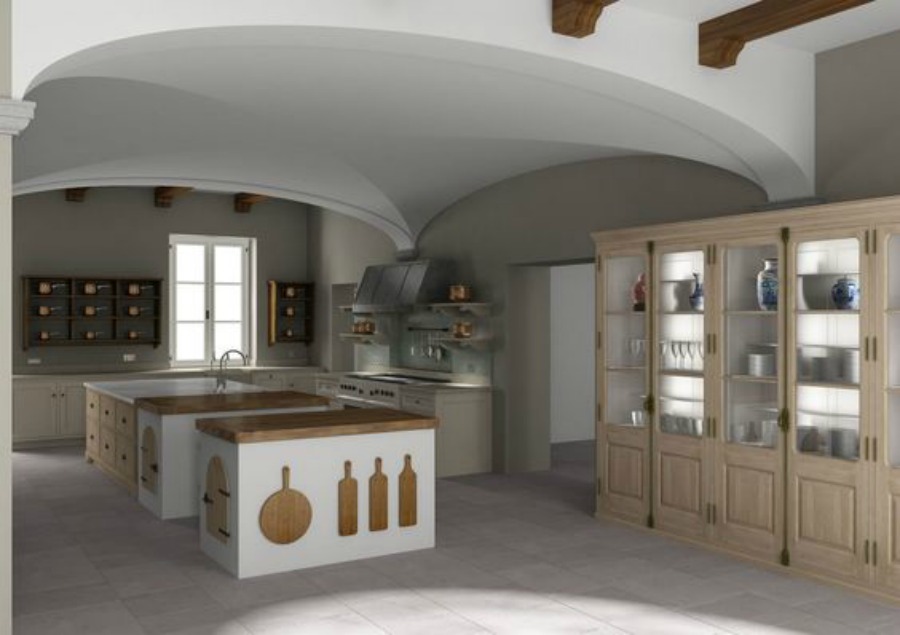 Luxurious bespoke kitchen design by Artichoke for a Tuscan villa. The primary ingredients include hand-painted tulipwood, rift cut French oak, chestnut, and acid etched zinc.