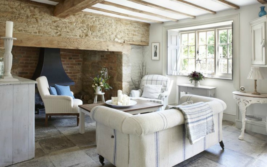 Romantic French Nordic style in a rustic living room in a Cotswolds cottage.