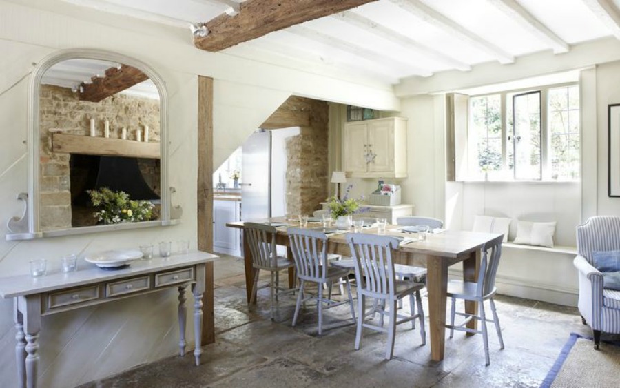 Nordic French farmhouse kitchen inspiration in a Cotswolds cottage from the 17th century.