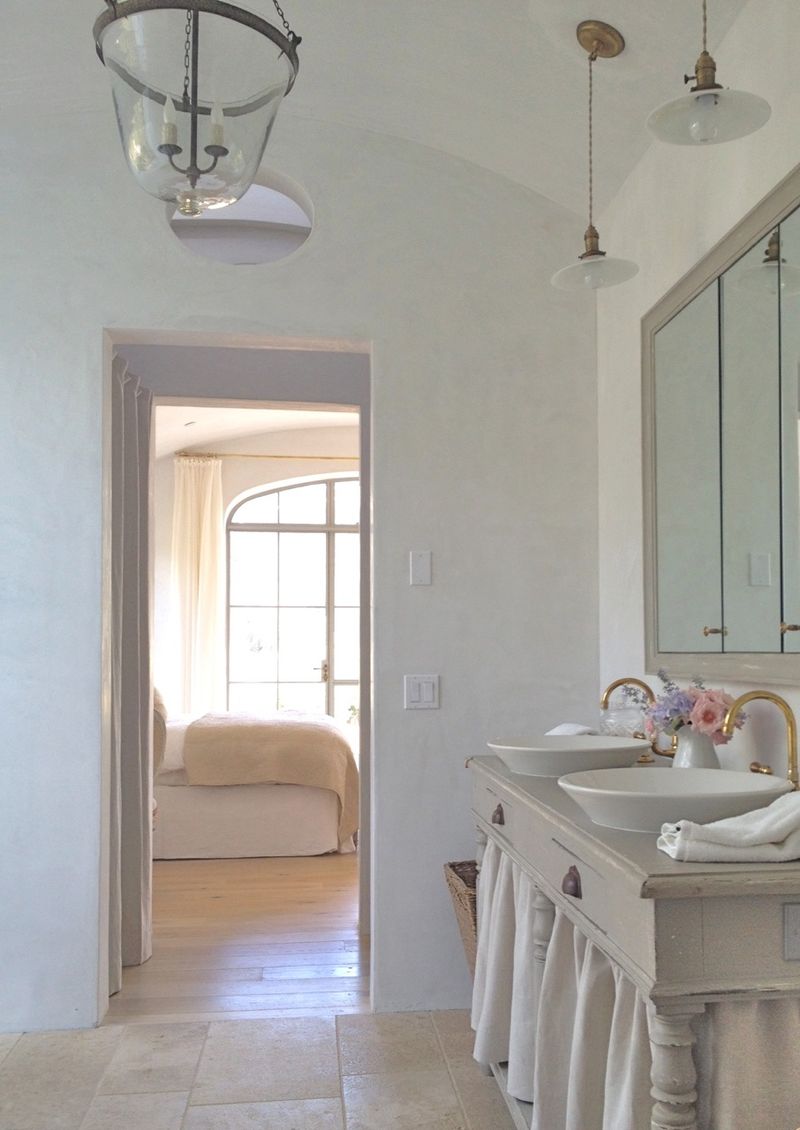 Patina Farm master bedroom with antiques and European country inspired style. Giannetti Home.