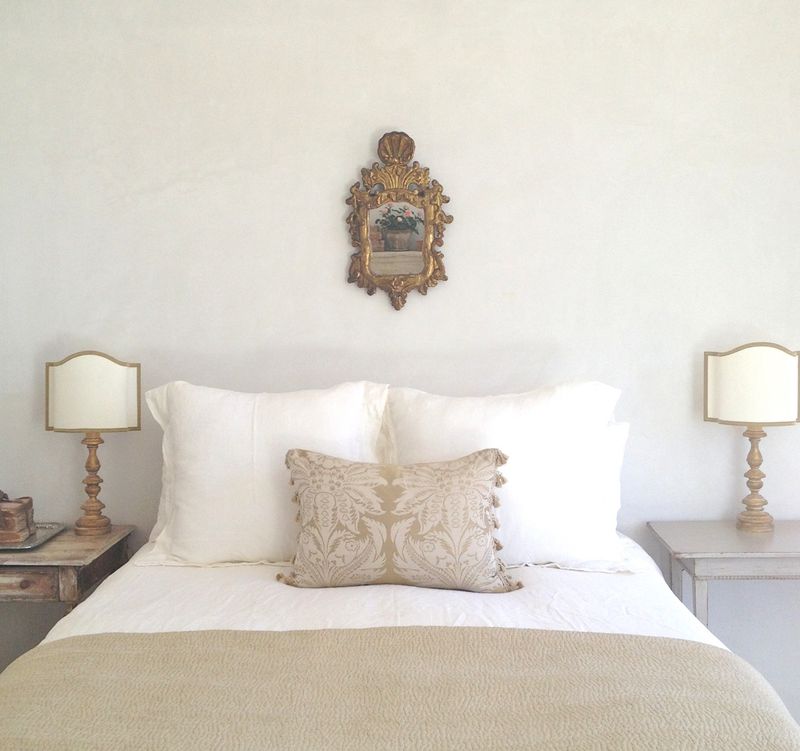 Patina Farm master bedroom. Pale and Lovely European Country White Interiors to Inspire with photo gallery.#frenchfarmhouse #interiordesign #frenchcountry