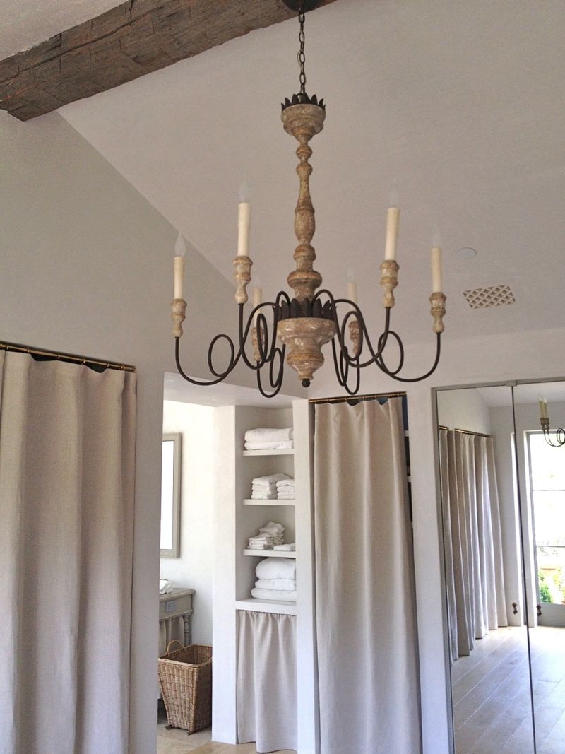 Aidan Gray chandelier and Belgian linen panels in master bath at Patina Farm - Giannetti Home.