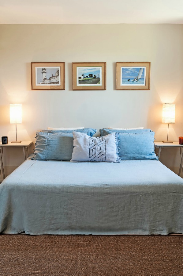 Chambray blue bedroom. Provence dreams are made of these! Come tour French Farmhouse Design: Provence Villa Photos in a story with rustic decor, Country French charm, and South of France beauty! #frenchfarmhouse #interiordesign #housetour #frenchcountry #provence