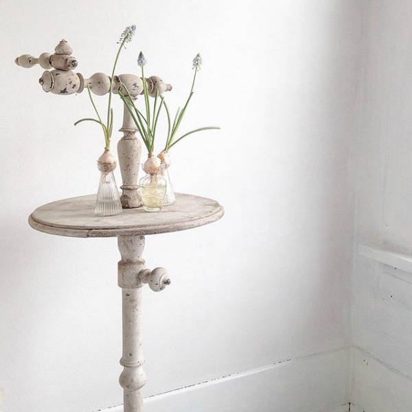 French antique shaving stand vignette by My Petite Maison. Pale and Lovely European Country White Interiors to Inspire with photo gallery.#frenchfarmhouse #interiordesign #frenchcountry