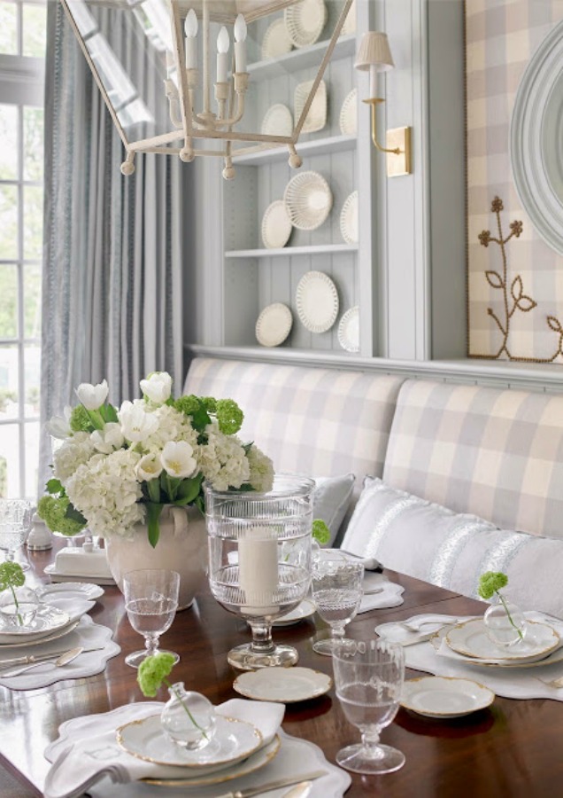 Elegant and sophisticated light blue check on banquette and built-ins in a dining area within the Atlanta Southeastern Designer Showhouse 2017.