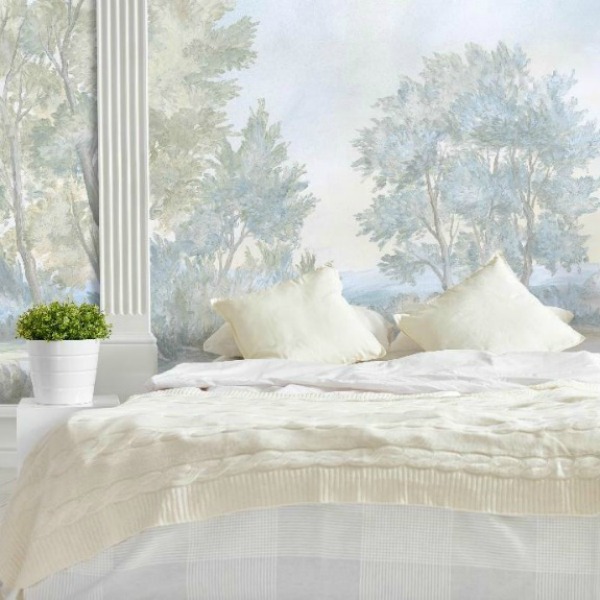 Magnificent landscape mural wallpaper in bedroom, made from original painting by Susan Harter. Muted and sophisticated colors in this beautifully inspiring interior design. #mural #interiordesign #timeless #ethereal #serenedecor #paintedmural #wallpaper