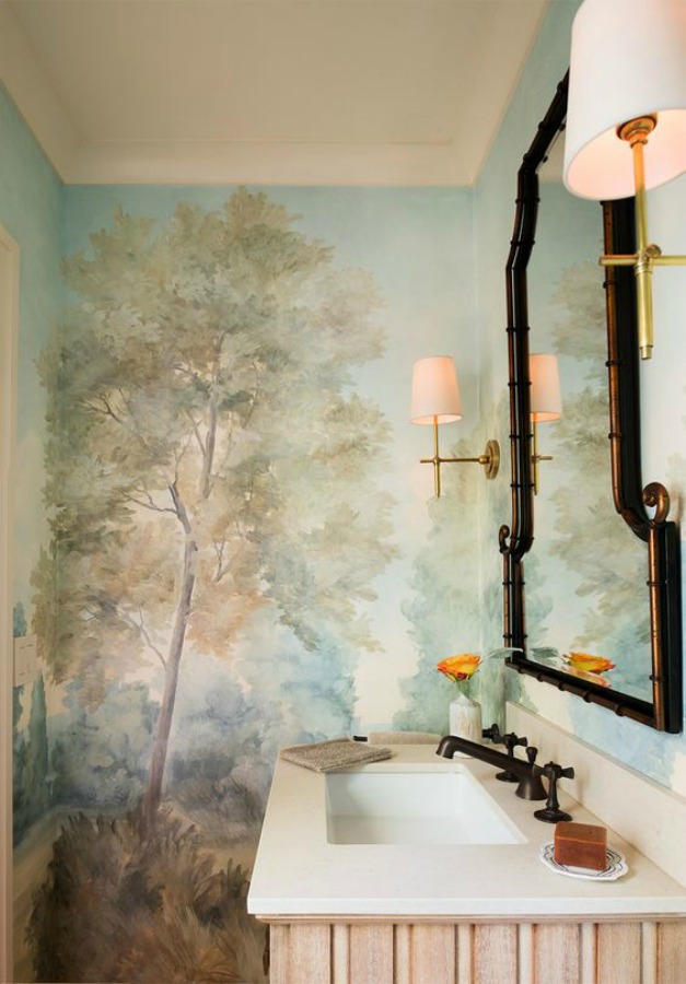 Magnificent landscape mural wallpaper in bathroom designed by Kelley Flynn, made from original painting by Susan Harter. Muted and sophisticated colors in this beautifully inspiring interior design. #mural #interiordesign #timeless #ethereal #serenedecor #paintedmural #wallpaper