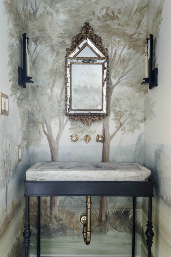 Magnificent bathroom design by Lauren Haskett with pastel landscape mural wallpaper made from original painting by Susan Harter. COME ENJOY Peaceful Timeless Trompe-l'oeil Wall Murals to Inspire!