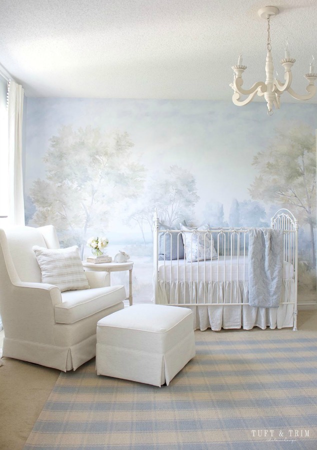 Gorgelus soft blue accents in a nursery with exquisite Susan Harter wall mural - Tuft & Trim. #wallmural #susanharter #classicdesign #nursery