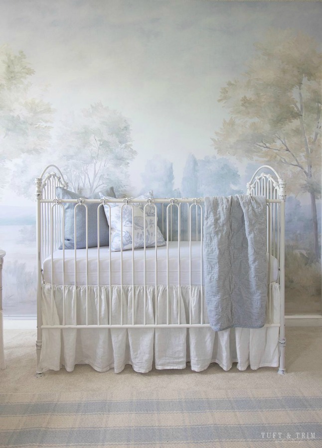 Timeless landscape mural wallpaper in a nursery designed by Tuft & Trim, made from original painting by Susan Harter. Come see Peaceful Timeless Trompe-l'oeil Wall Murals to Inspire as well as breathtaking design inspiration. 