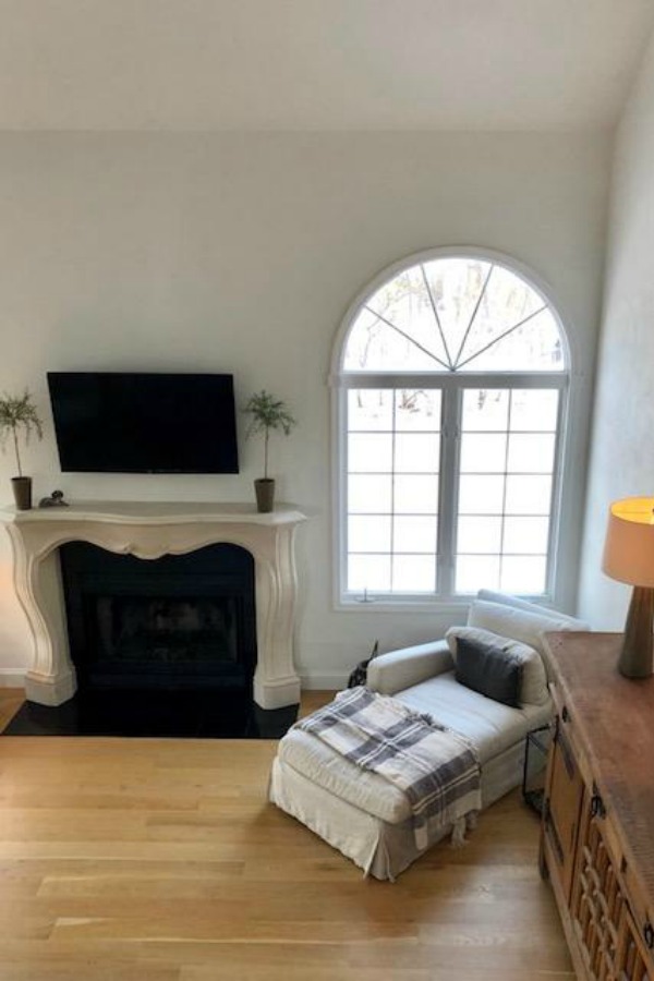 Living room with Belgian linen upholstered chaise and Belgian sideboard - Hello Lovely Studio.