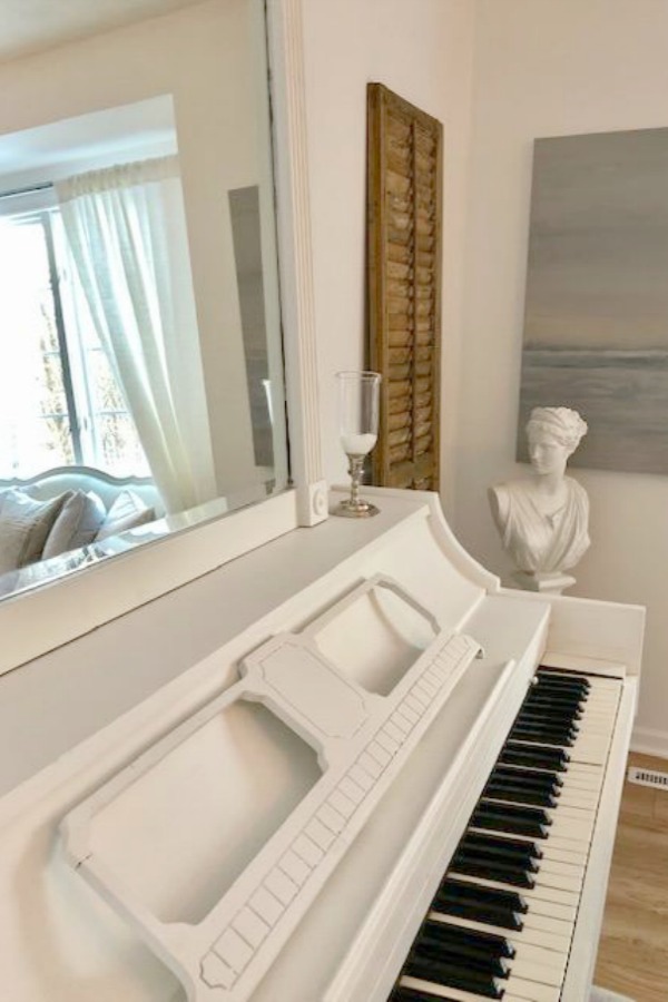 White painted piano in my studio - Hello Lovely Studio. Come explore 7 Satisfying Highs for a Hopelessly Happy Homebody!