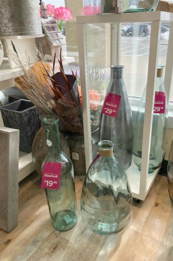 Recycled green glass farmhouse bottles and vases. French Farmhouse Decor & Lightening Up for Spring - Hello Lovely Studio.