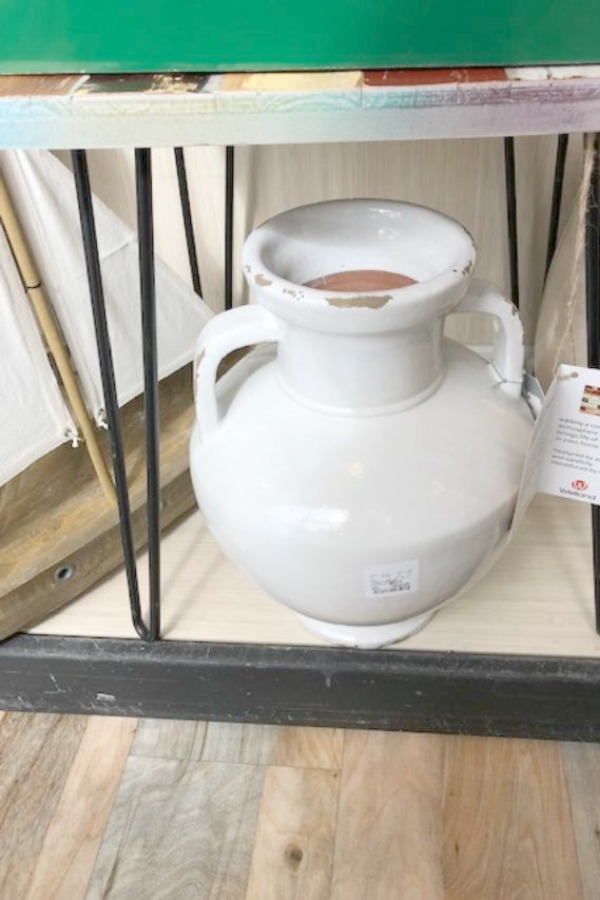 Rustic white French pot with handles. French Farmhouse Decor & Lightening Up for Spring - Hello Lovely Studio.