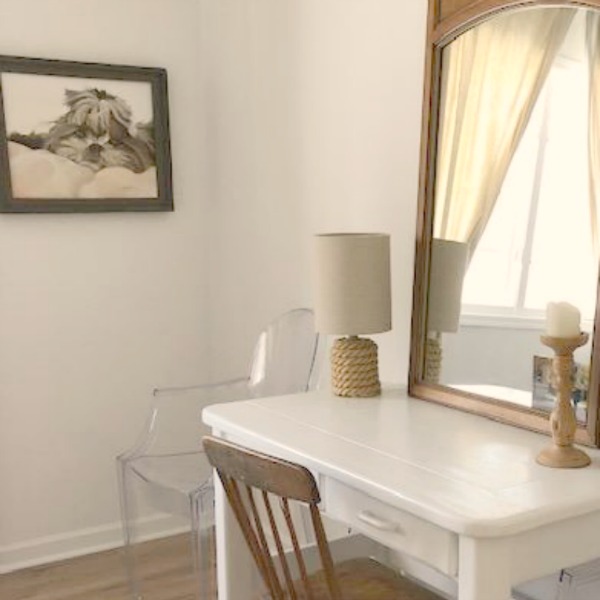 Minimal, modern rustic vintage desk and country chair in a room painted Benjamin Moore White.