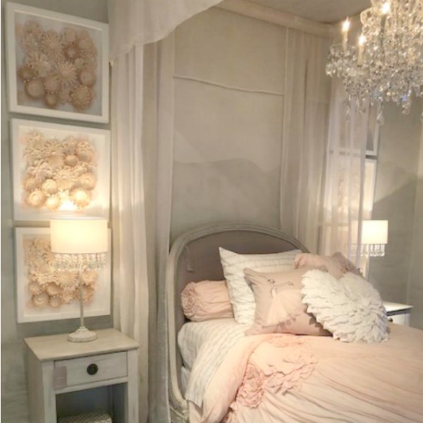 Beautiful French children's bedroom with pink accents, RH. Photo: Hello Lovely Studio. Come tour photos of Restoration Hardware: Romantic French Decor Ideas on Hello Lovely Studio.