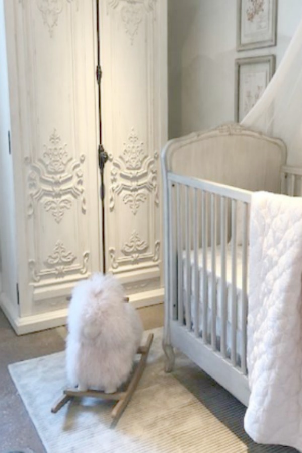 French armoire with cremone bolt in a magnificent Louis XV style nursery by RH at the gallery in Chicago. Photo: Hello Lovely Studio.