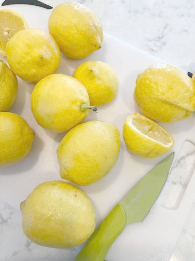 Limoncello ingredients assembled on white countertop (Viatera Minuet) - Hello Lovely Studio.