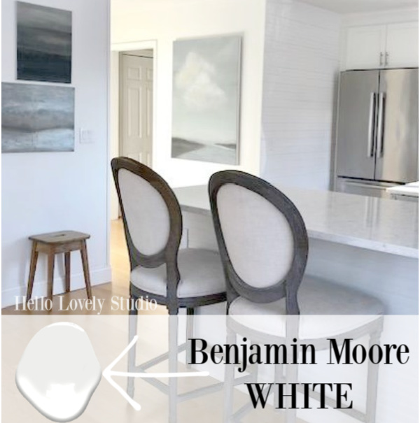 Our white Shaker style kitchen is painted Benjamin Moore WHITE (Yep, just White is the name) - Hello Lovely Studio. #brightwhites #paintcolor #benjaminmoorewhite