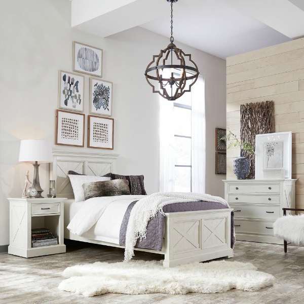 Hand-rubbed white coastal style bedroom set at The Home Depot.