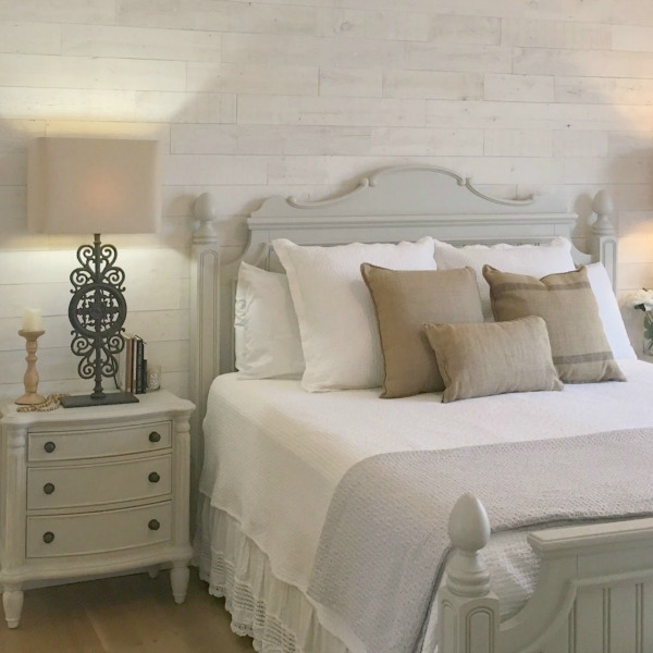 My serene Nordic French style bedroom with Benjamin Moore White walls and Stikwood accent wall. Hello Lovely Studio.
