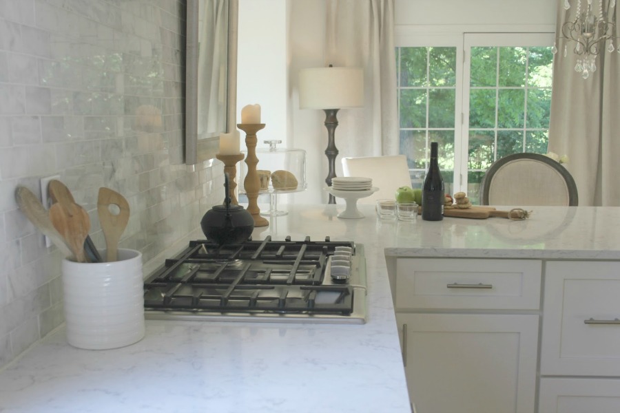 White kitchen with Viatera Minuet quartz countertops - Hello Lovely Studio.