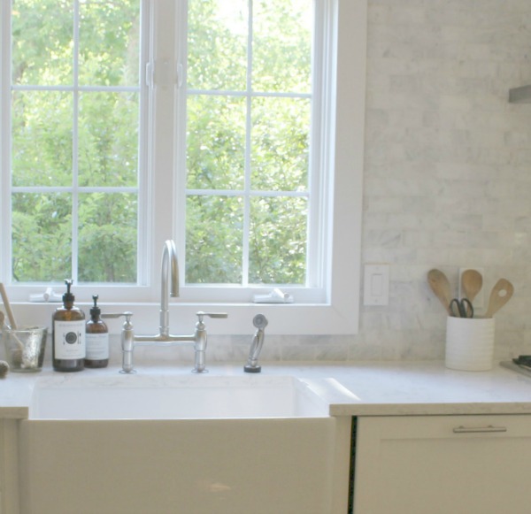 White kitchen with Viatera Minuet quartz countertops - Hello Lovely Studio.