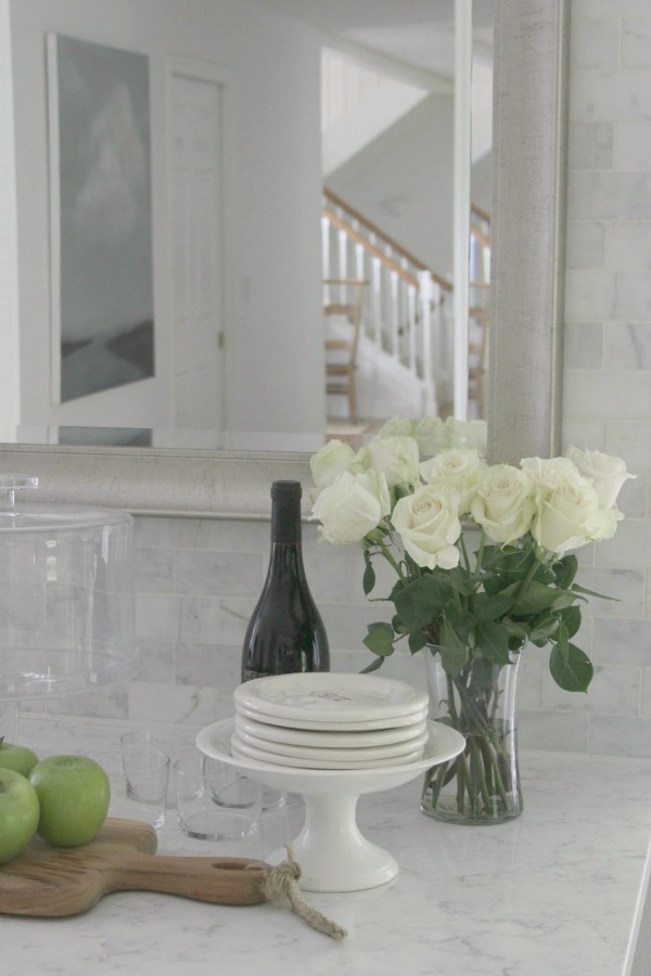 White kitchen with Viatera Minuet quartz countertops - Hello Lovely Studio.