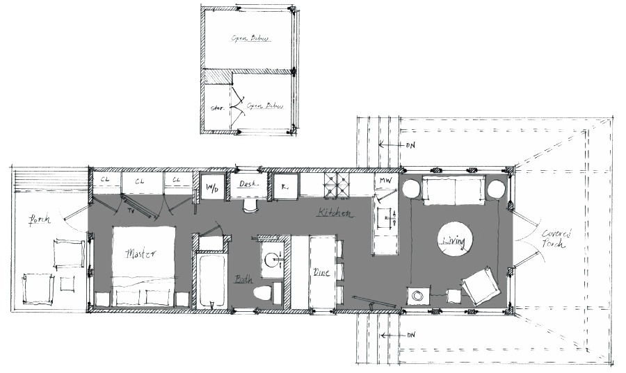 Saltbox designer cottage floorplan by Jeffrey Dungan