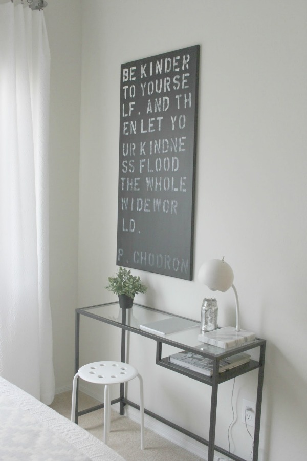 Handlettered canvas with Pema Chodron quote, Vittsjo desk (Ikea), and midcentury modern lamp - Hello Lovely Studio.