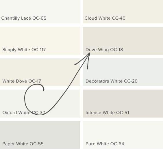 Benjamin Moore Dove Wing white paint color. #benjaminmoore #paintcolors #dovewing