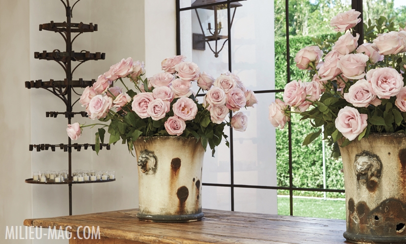 Light pink roses in antique planters on rustic wood table. Design by Pamela Pierce. Come enjoy photos of this house tour with architecture by Reagan Andre.