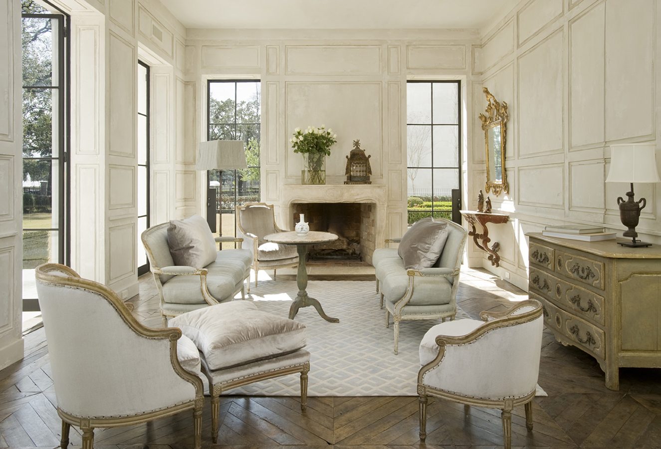 Sophisticated French living room with white designed by Pamela Pierce.