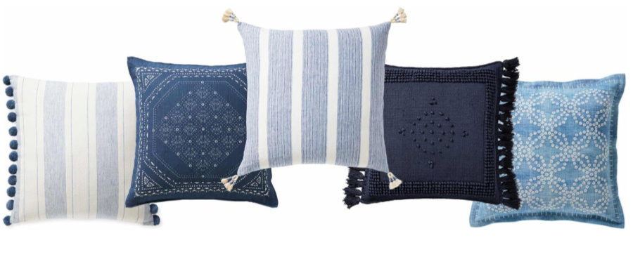 Assortment of blue throw pillows with coastal style from Serena and LIly. #pillows #bluepillows #coastalstyle