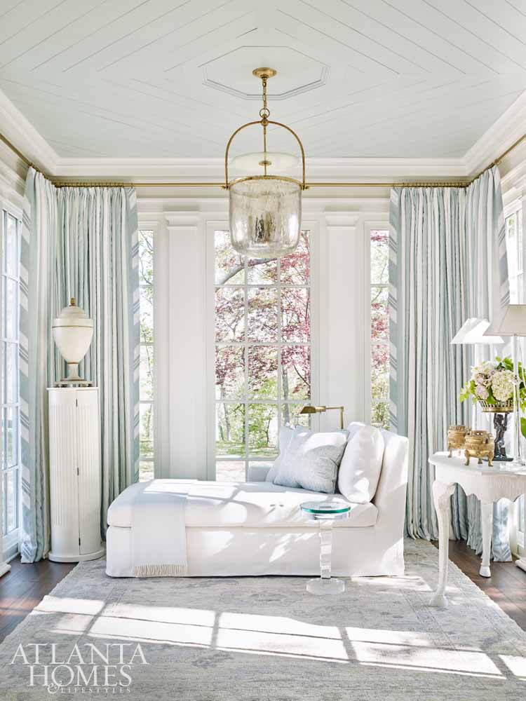 Luxurious and classic light blue and white bedroom in Southeastern Designer Showhouse 2017. Sherwin Williams Alabaster paint color on walls. Atlanta Homes.