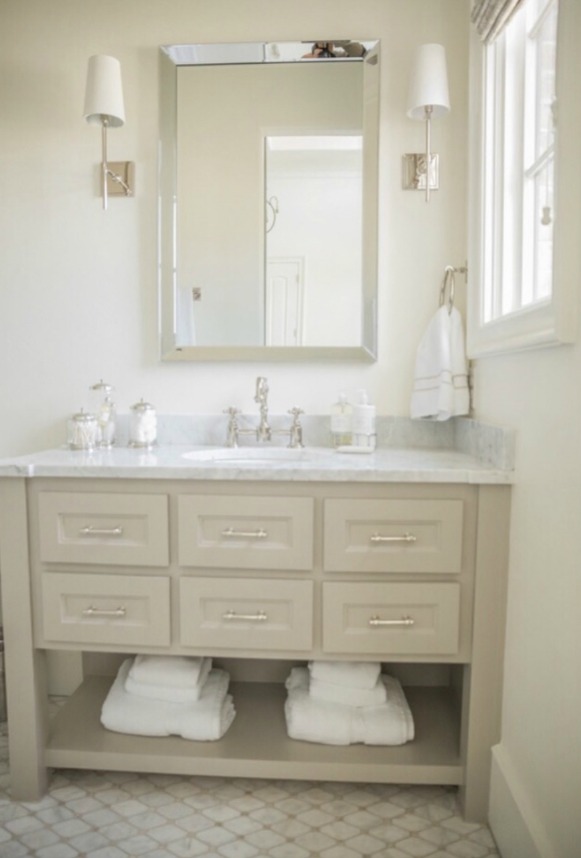 French country farmhouse bathroom with Sherwin Williams Alabaster paint color on walls. Brit Jones Design.