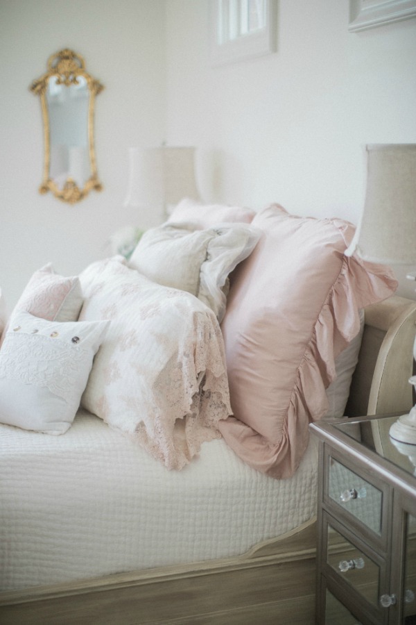 Sherwin Williams Alabaster paint color on walls.Elegant and lofty French country girl's pink bedroom. Romantic French farmhouse style by Brit Jones Design.