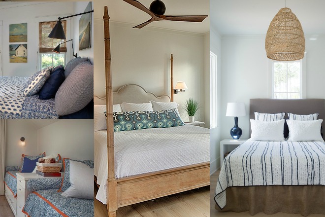 Coastal cottage bedroom collage. Design: Lisa Furey.