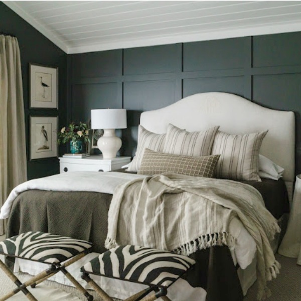 Benjamin Moore Iron Mountain black paint color on walls of beautiful bedroom designed by Sherry Hart. #ironmountain #benjaminmooreironmountain #paintcolors #darkpaintcolors #b;aclbedrpp,