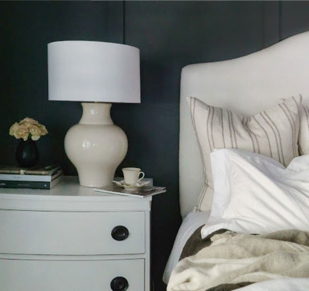 Benjamin Moore Iron Mountain black paint color on walls of beautiful bedroom designed by Sherry Hart.