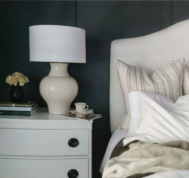 Benjamin Moore Iron Mountain black paint color on walls of beautiful bedroom designed by Sherry Hart. #ironmountain #benjaminmooreironmountain #paintcolors #darkpaintcolors #b;aclbedrpp,