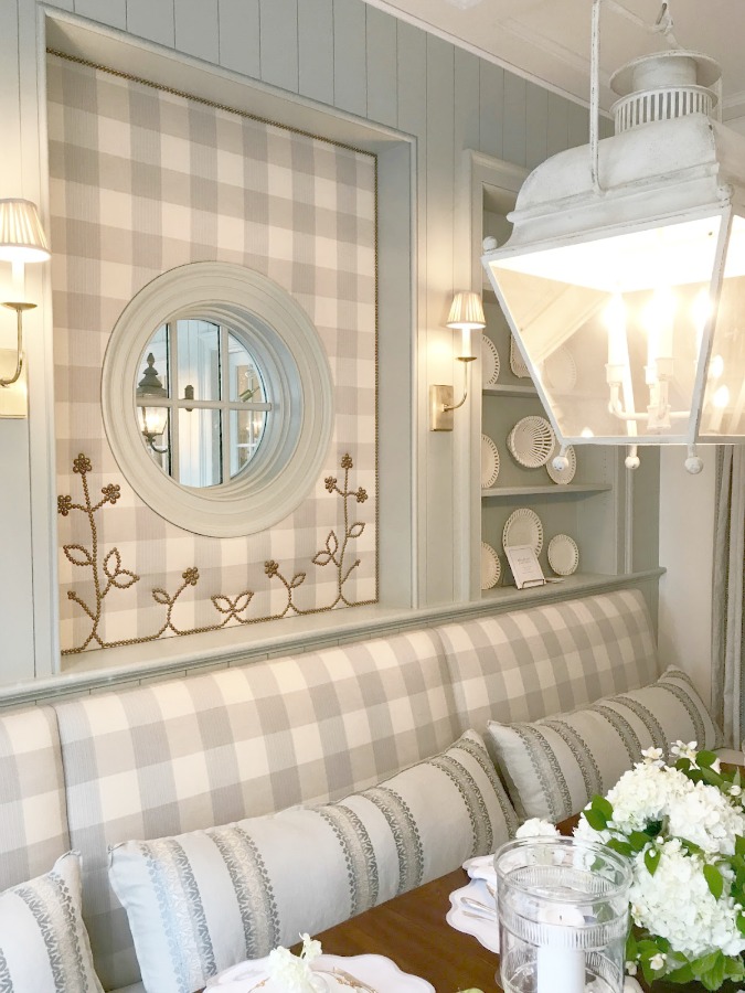 Farrow & Ball Light Blue painted trim and lovely gingham upholstery in a stunning traditional kitchen in the Southeastern Designer Showhouse 2017. Design: Lauren Deloach