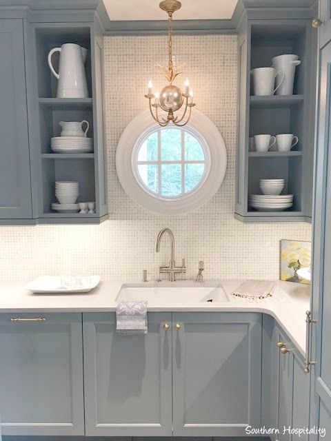 Farrow & Ball Light Blue paint color on cabinetry in butler pantry of kitchen (Design Gallery) in Southeastern Designer Showhouse 2017.