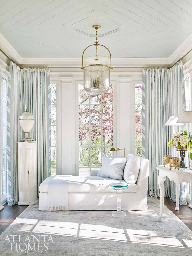 Sherwin Williams Rainwashed painted ceiling in breathtaking light blue bedroom in Southeastern Designer showhouse - design by Tristan Harstan. Atlanta Homes & Lifestyles.