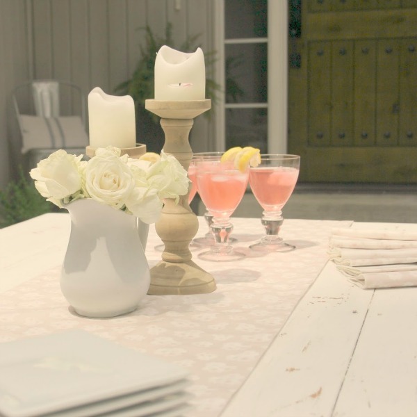 Romantic, simple, French courtyard with pink accents for a tea party - Hello Lovely Studio.