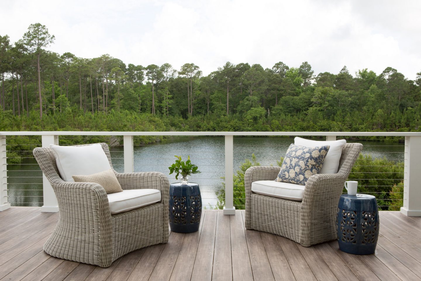 Deck off living room of coastal cottage in South Carolina. Design: Lisa Furey.